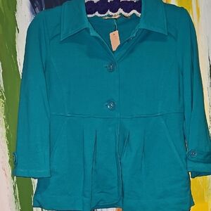 VINTAGE Motto Teal Women Blazer Small Stretch 3/4 Sleeve  RARE 80s Jacket Coat